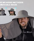 Man wearing the Sun Hat With Neck Flap And Detachable Face Cover, wide brim, dark gray, showing two wearing methods.