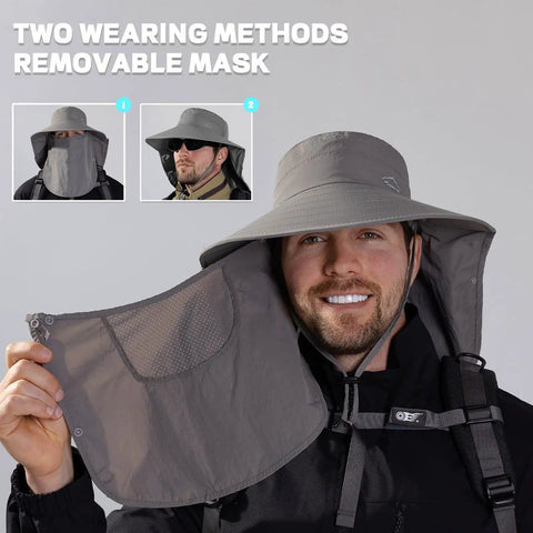 Man wearing the Sun Hat With Neck Flap And Detachable Face Cover, wide brim, dark gray, showing two wearing methods.