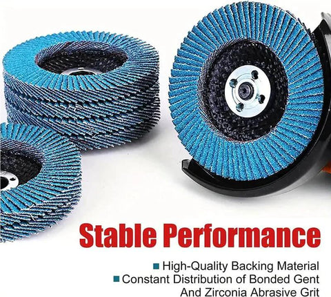 Set of three blue zirconia abrasive discs, 4 1/2 x 7/8 in, 80 grit, for sanding and grinding