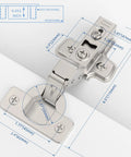 Twenty Pack Inset Cabinet Hinges Featuring Smooth Soft Close Action And Frameless Design For Quick No Sweat Installation Heavy Duty Metal Construction With Included Mounting Screws And Wood Dowels showing measurements and detailed design.