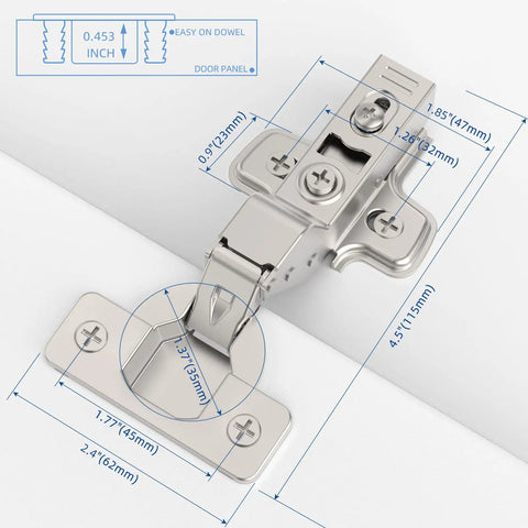 Twenty Pack Inset Cabinet Hinges Featuring Smooth Soft Close Action And Frameless Design For Quick No Sweat Installation Heavy Duty Metal Construction With Included Mounting Screws And Wood Dowels showing measurements and detailed design.