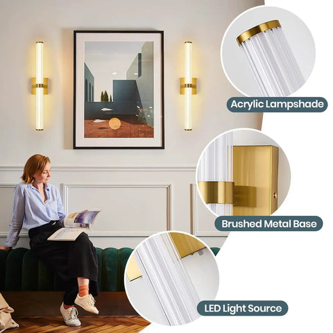 Close-up of modern wall sconce details with acrylic lampshade and brushed metal base, LED light source.