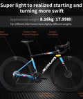Carbon Road Bike With Lightweight T1000 Frame And 24 Speed Shifting, Shimano 105 Di2 7170 Groupset, 700C Carbon Wheelset, Disc Brakes, Race Ready Performance, Size 49cm, Black Blue in side view