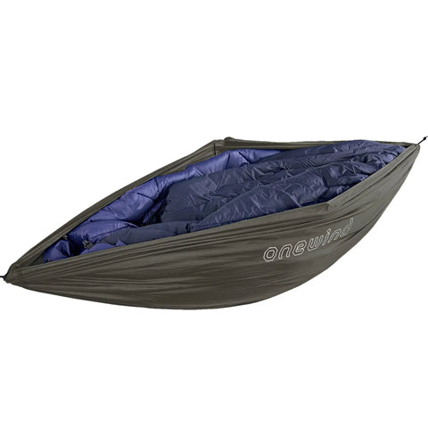 Underbelly Gear Sling Hammock For Camp Gear Storage, Lightweight And Portable Mini Hammock Organizer, OD Green, side view with gear