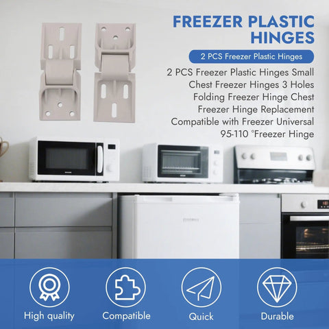 Front view of two pack universal freezer hinges for chest freezers and refrigerators, 3 hole counterbalance friction folding door hinges.