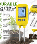 4 In 1 NPK Soil Tester with Real Time Readings, Temperature and LCD Backlit Display, shown with stainless steel probes in soil.