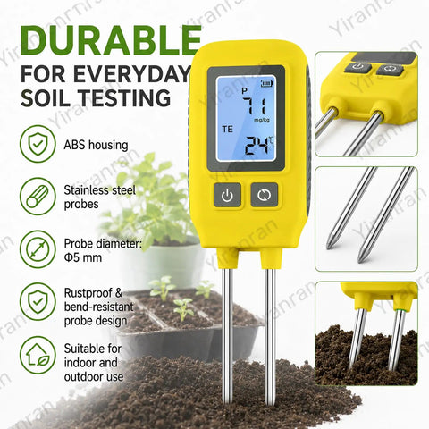4 In 1 NPK Soil Tester with Real Time Readings, Temperature and LCD Backlit Display, shown with stainless steel probes in soil.