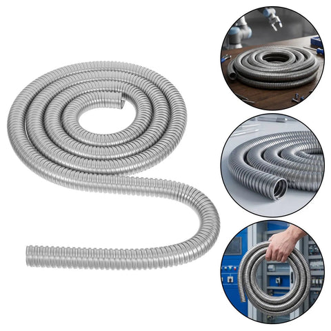 Kickass Stainless Steel Flexible Metal Conduit For Wire Protection 1 Inch X 9.8 Feet coiled in a circular shape, showcasing its flexibility.