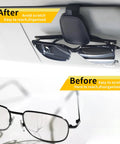 Slick Magnetic Leather Sunglasses Holder For Car Visor Clip With Heavy Duty Snap Easy One Hand Flip Stylish Auto Eyewear Organizer Black Pack Of Two, showing before and after with sunglasses.