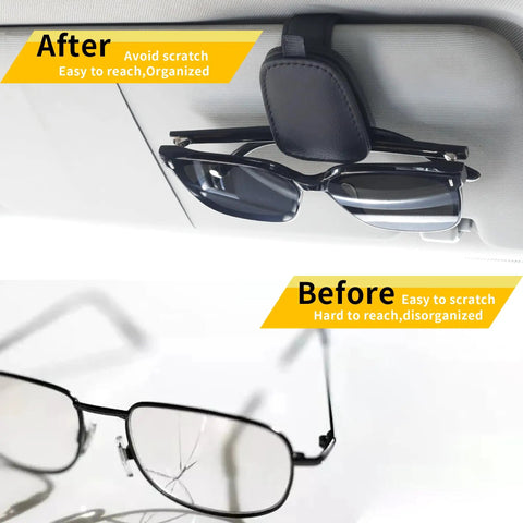 Slick Magnetic Leather Sunglasses Holder For Car Visor Clip With Heavy Duty Snap Easy One Hand Flip Stylish Auto Eyewear Organizer Black Pack Of Two, showing before and after with sunglasses.