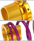 Close-up of Purple CNC Aluminum Suspension Coilover Sleeves Kit for 06-11 Honda Civic showcasing gold locking perches