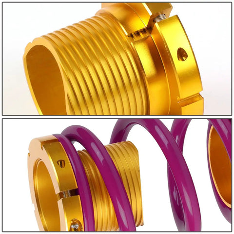 Close-up of Purple CNC Aluminum Suspension Coilover Sleeves Kit for 06-11 Honda Civic showcasing gold locking perches