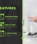 Hand using Straight Fire Stainless Steel Glass Rinser Built To Slide Right Into Your Kitchen Sink for quick rinsing.