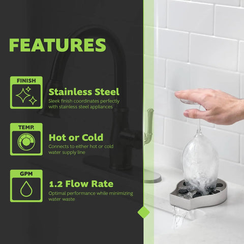 Hand using Straight Fire Stainless Steel Glass Rinser Built To Slide Right Into Your Kitchen Sink for quick rinsing.