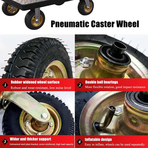 Four Pack Rock Solid Heavy Duty Swivel Trolley Casters With Bump Resistant Rubber Tires For Quiet Shock Absorbing Moves Indoors Or Outdoors close-up of pneumatic caster wheels showing rubber surface and dual ball bearings.