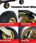 Four Pack Heavy Duty Swivel And Fixed Caster Wheels Constructed From Sturdy Steel Plates And Equipped With Double Ball Bearings For A Slick Floor Saving Roll, showcasing pneumatic treads and double ball bearings.