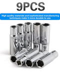 9-Piece 10mm 6-Point Deep Sockets Set For 1/4 Inch Drive, Beefy Heavy Duty Chrome Vanadium Steel displayed upright and stacked