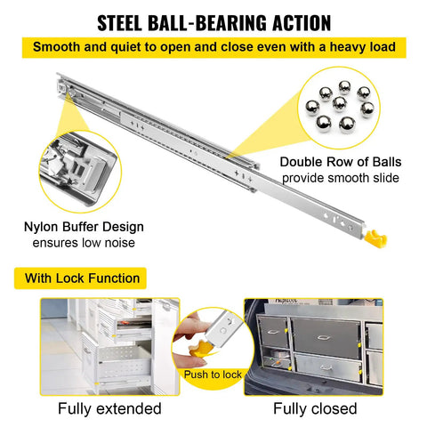Diagram showing Heavy Duty 30 Inch Drawer Slides With Locking Mechanism, side mount ball bearing, for tool chests and cabinets.