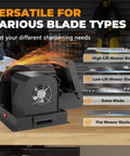 Heavy Duty Lawn Mower Blade Sharpener And Grinder, 5 Inch Ceramic Wheel on a bench sharpening various mower blades.