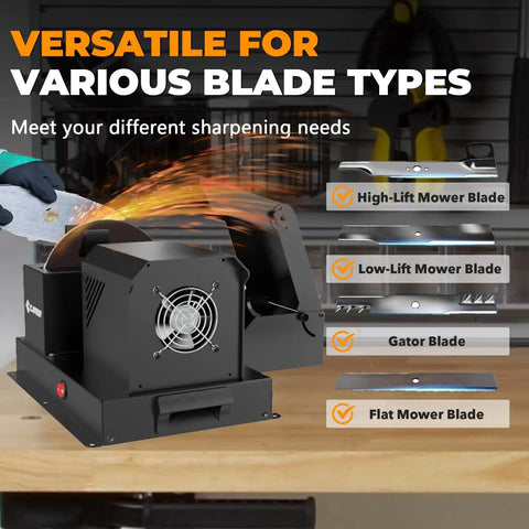 Heavy Duty Lawn Mower Blade Sharpener And Grinder, 5 Inch Ceramic Wheel on a bench sharpening various mower blades.