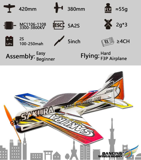 SAKURA Micro Indoor RC EPP 3D F3P Airplane Kit With 420mm Wingspan Unassembled Electric RC Airplane For Indoor Flying Durable Foam Easy Build Different Versions Available displayed with technical specifications