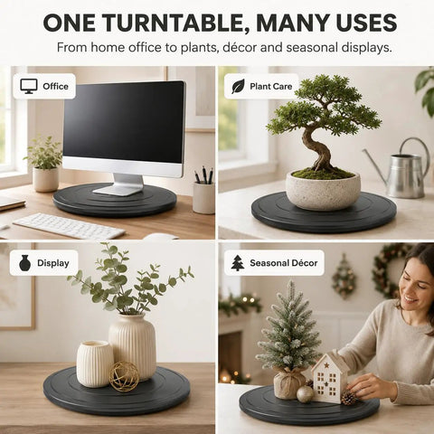 No Fuss 18 Inch Lazy Susan Turntable Dead Solid Swivel Cabinet Tray With Steel Ball Bearings in an office setup with monitor.