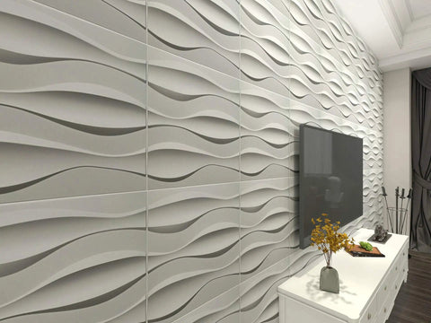 Wave Wall Panels 19.7 Inch Square Pack Of 12 White PVC Panels For Living Room And Kitchen DIY Friendly Fire Resistant Lightweight 32 Sq Ft Coverage For Home Use displayed in a modern room.