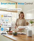 Woman cooking in kitchen with voice control devices, demonstrating Rock Solid Fingerprint Wifi Smart Lock With Apple Home Integration.