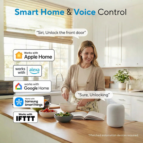 Woman cooking in kitchen with voice control devices, demonstrating Rock Solid Fingerprint Wifi Smart Lock With Apple Home Integration.