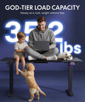 FLEXISPOT E6G CyberX RGB LED Electric Gaming Standing Desk 55 Inch with dual motor, supporting a child and pets, black finish.
