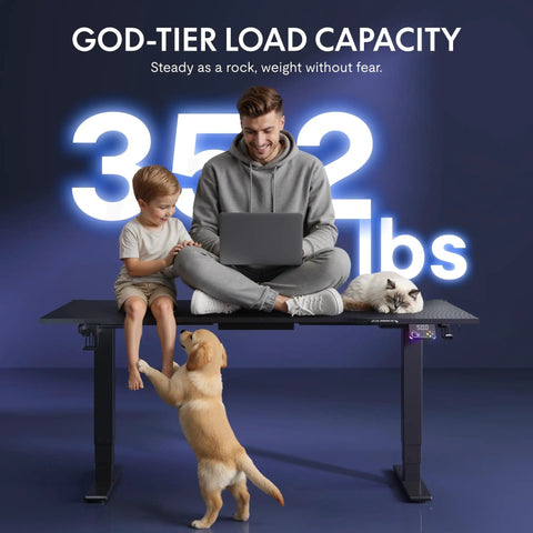 FLEXISPOT E6G CyberX RGB LED Electric Gaming Standing Desk 55 Inch with dual motor, supporting a child and pets, black finish.