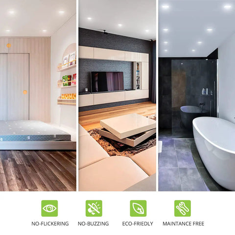 4 Inch Square Recessed LED Can Lights 10W Replacement 722 Lumens Wet Rated Dimmable CRI90 5 CCT Adjustable 2700K 3000K 3500K 4000K 5000K Downlights installed in bedroom, living room, and bathroom settings.