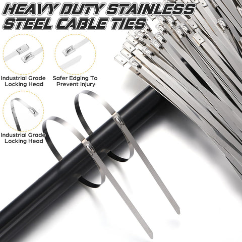 Stainless Steel Cable Tie Gun Kit With 150 Zip Ties 50 Of Each Size 6 8 And 11.8 Inch Includes Cutter And 3 Pairs Gloves