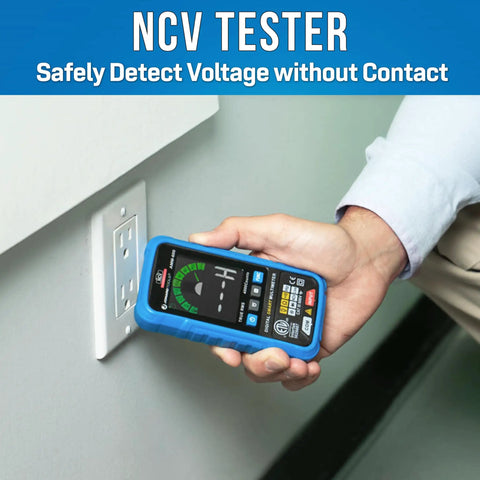 Person using AMM-600 Auto Smart Digital Multimeter Pro Grade Tool ETL Certified 4000 Counts TRMS for NCV testing on wall outlet.