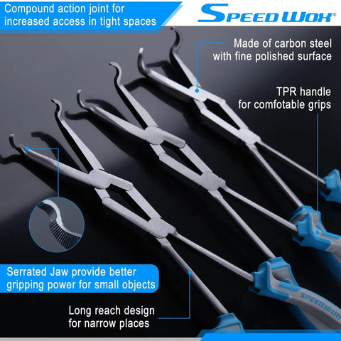 Three Piece 13 Inch Long Reach Double Joint Ring Nose Pliers With XL Pivot For Hose Grip And Spark Plug Removal In Tight Spaces Ideal For Auto Shop Garage Or Workshop One Third Inch To Three Quarter Inch Diameters, carbon steel, serrated jaws