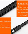 Close-up of Bulk Thirty Pair Full Extension Ball Bearing Side Mount Cabinet Drawer Slides showing solid steel balls and bayonet removal.