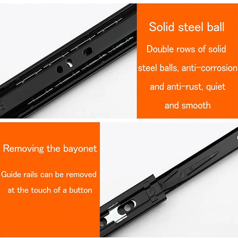 Close-up of Bulk Thirty Pair Full Extension Ball Bearing Side Mount Cabinet Drawer Slides showing solid steel balls and bayonet removal.