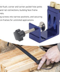 Mini Pocket Hole Jig Kit Set for Woodworking, Dowel Joint Tool shown clamped on a wooden board, pro grade aluminum alloy