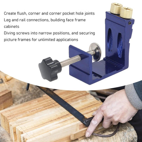 Mini Pocket Hole Jig Kit Set for Woodworking, Dowel Joint Tool shown clamped on a wooden board, pro grade aluminum alloy