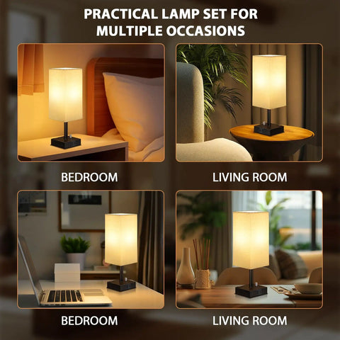 Fully Dimmable Nightstand Lamps Set Of 2 with square linen shade in bedroom and living room setups