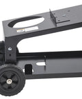 Heavy Duty Welding Cart for Welder With Dual Tier Angled Top Shelf Holds 80 Cu Ft Gas Cylinder Cables and Accessories Two Wheels Portable Steel Cart Black showing wheels and base structure