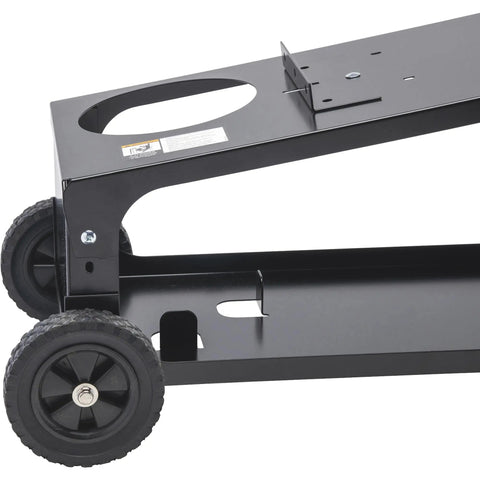 Heavy Duty Welding Cart for Welder With Dual Tier Angled Top Shelf Holds 80 Cu Ft Gas Cylinder Cables and Accessories Two Wheels Portable Steel Cart Black showing wheels and base structure
