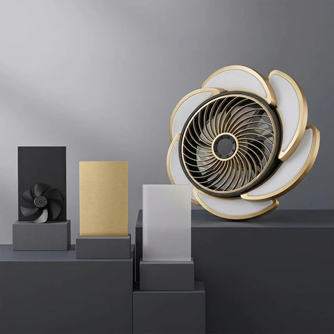 17-Inch Bladeless Ceiling Fan Light, Remote, 6-Speed, Low Profile, Gold displayed with decorative blocks.