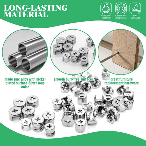 Heavy Duty Furniture Cam Lock Assortment Box With 125 Pieces showing zinc alloy cam locks, bolts, and nuts for furniture assembly.