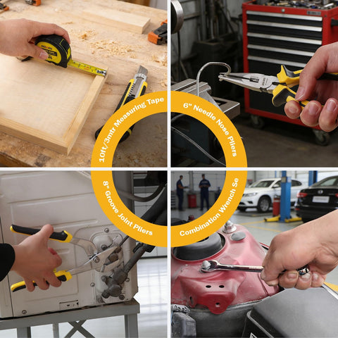 Close-up of tools from the All In One 228 Piece Mechanic Tool Set With Socket Wrench Auto Repair Kit in use for various projects.