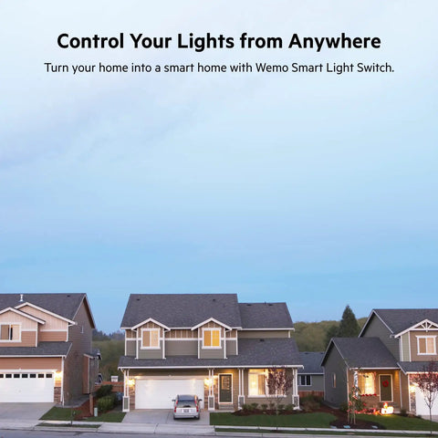 Suburban homes at dusk with a focus on smart home lighting control, representing automation capabilities.