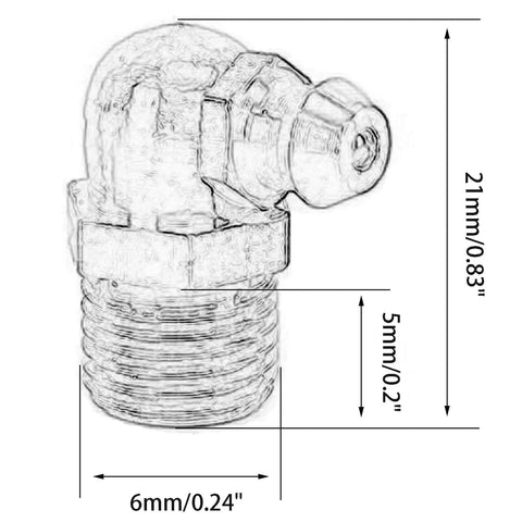 Illustration of Reliable M6 x 1mm Metric Thread 90 Degree Angled Brass Hydraulic Zerk Grease Nipple Fitting with dimensions