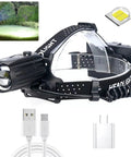 Rechargeable LED Headlamp for Adults With 90000 Lumens Beast Mode Brightness Battery Included 3 Modes Zoomable Spotlight Red Warning Light Waterproof Camping Headlamp for Hunting Running Hiking with USB cable and adapter
