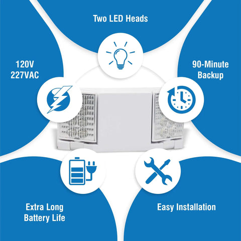 LED Hardwired Emergency Light Kit With Dual Adjustable Heads Backup Battery 6 Pack White showing features and specs