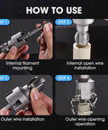Upgrade 4 in 1 Water Pipe Wrench For Electric Drills handles installation steps for 1/2, 3/4, and 1 inch PVC pipes.